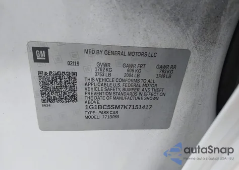 2019 Chevrolet Cruze Ls z USA, uszkodzony, nr VIN 1G1BC5SM7K7151417